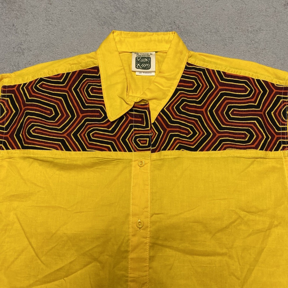 Vintage My Name Is Panama Shirt Mens XL Yellow Mola‎ Embroidery Tribal Festival